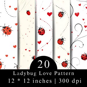 Könnte beinhalten: Eine digitale Sammlung von 20 Marienkäfer-Liebesmustern mit roten Marienkäfern mit schwarzen Punkten, roten Herzen und schwarzen geschwungenen Linien auf weißem Grund. Der Text lautet 20 Ladybug Love Pattern 12 * 12 inches | 300 dpi.