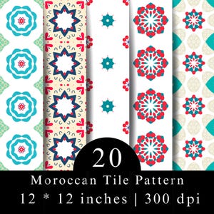 Könnte beinhalten: Eine digitale Sammlung von 20 marokkanischen Fliesenmustern mit geometrischen Formen in Türkis, Rot und Dunkelblau auf weißem und cremefarbenem Grund. Der Text 20 Moroccan Tile Pattern 12 * 12 inches | 300 dpi steht in Weiß auf schwarzem Grund.