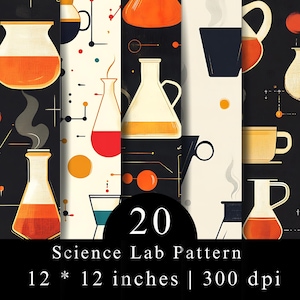 Puede incluir: Un gráfico digital con un patrón repetitivo de laboratorio científico con cristalería, vasos de precipitados y matraces llenos de líquidos naranjas y rojos, sobre fondos negros y crema. El texto dice 20 Science Lab Pattern 12 * 12 inches | 300 dpi.