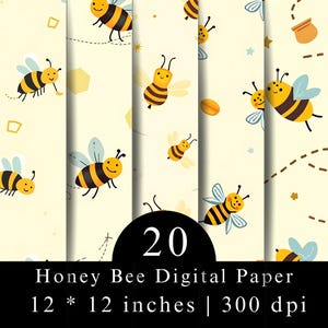 May include: A collection of digital paper patterns featuring cartoon honey bees with yellow and black stripes, light blue wings, and dotted flight paths on a cream background. The text reads 20 Honey Bee Digital Paper 12 * 12 inches | 300 dpi.