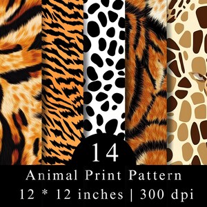 Puede incluir: Una colección digital de 14 patrones de estampado animal con rayas de tigre, manchas de leopardo y marcas de jirafa. El texto 14 Animal Print Pattern 12 * 12 inches | 300 dpi aparece en blanco sobre un fondo negro en la parte inferior.