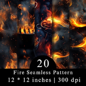 May include: A digital collection of 20 seamless patterns featuring vibrant orange and yellow flames, glowing embers, and dark smoke. The image includes text stating 20 Fire Seamless Pattern, 12 * 12 inches, and 300 dpi on a black background.