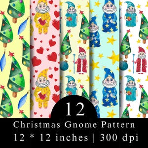 Könnte beinhalten: Eine digitale Sammlung von 12 Weihnachts-Wichtel-Mustern mit Aquarellillustrationen von Wichteln, geschmückten Tannenbäumen, roten Herzen und gelben Sternen auf verschiedenen farbigen Hintergründen. Der Text 12 Christmas Gnome Pattern 12 * 12 inches | 300 dpi ist sichtbar.