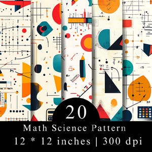 May include: A digital graphic featuring 20 math science patterns with geometric shapes, lines, and grids in red, orange, teal, and black on a cream background. Text reads: 20 Math Science Pattern 12 * 12 inches | 300 dpi.