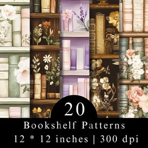 Bookshelf Digital Paper Bundle | Vintage Library Seamless Patterns | Book Lover Backgrounds