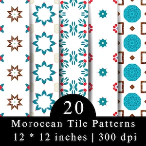 May include: A digital collection of 20 Moroccan tile patterns featuring geometric shapes, floral motifs, and star designs in blue, red, and brown on a white background. The text 20 Moroccan Tile Patterns 12 * 12 inches 300 dpi is displayed.