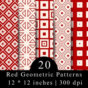 May include: A digital collection of 20 red and white geometric patterns featuring squares, diamonds, and intersecting lines. The image includes the text 20 Red Geometric Patterns 12 * 12 inches 300 dpi, indicating the file specifications for these designs.