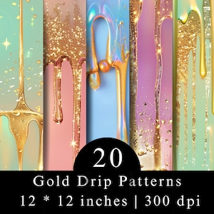 May include: A collection of 20 digital patterns featuring gold liquid drips over various pastel backgrounds including mint, pink, blue, and purple. The image includes the text 20 Gold Drip Patterns 12 * 12 inches | 300 dpi, showcasing glittery gold textures and smooth metallic drips.