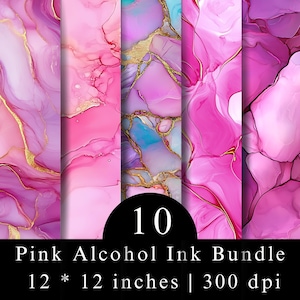 May include: A digital graphic bundle featuring 10 pink alcohol ink textures with gold veining. The image displays five vertical panels of abstract fluid art in shades of magenta, rose, and violet. Text reads 10 Pink Alcohol Ink Bundle 12 * 12 inches 300 dpi.