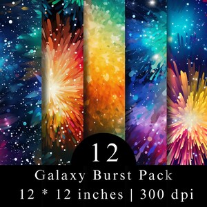 May include: A digital collection of 12 Galaxy Burst Pack backgrounds, each measuring 12 by 12 inches at 300 dpi. The designs feature vibrant, abstract starburst patterns in shades of blue, purple, orange, and yellow, resembling cosmic explosions.