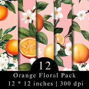 Può includere: Un pacchetto di motivi digitali con arance e fiori bianchi su sfondo rosa chiaro. Il testo recita 12 Orange Floral Pack, 12 * 12 inches, 300 dpi. Il design include arance intere, metà di arancia e foglie di colore verde.
