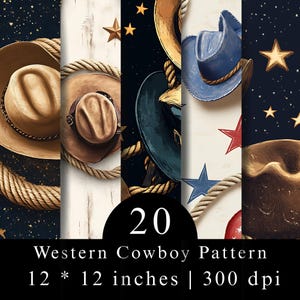 Può includere: Un grafico digitale che presenta 20 motivi da cowboy western con cappelli, corde arrotolate e stelle su sfondi blu scuro e bianchi. Il testo recita 20 Western Cowboy Pattern 12 * 12 inches | 300 dpi.