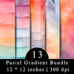 May include: A digital collection of 13 pastel gradient backgrounds featuring watercolor textures in shades of pink, orange, blue, and purple. The text 13 Pastel Gradient Bundle 12 * 12 inches 300 dpi is displayed in white on a black background.