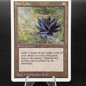 Può includere: Una carta collezionabile Black Lotus con bordo bianco, raffigurante un'illustrazione di un fiore blu scuro, il testo Black Lotus, 0, Mono Artifact e le regole di gioco. La carta accredita l'illustratore Christopher Rush in fondo al riquadro.