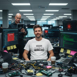 May include: A white t-shirt with black text that reads "CHAOS Isn't my hobby, It's my WORKLOAD" worn by a person sitting at a desk surrounded by multiple computer monitors displaying code, error messages, and alarm icons, with tangled cables.