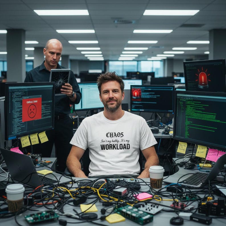 May include: A white t-shirt with black text that reads "CHAOS Isn't my hobby, It's my WORKLOAD" worn by a person sitting at a desk surrounded by multiple computer monitors displaying code, error messages, and alarm icons, with tangled cables.