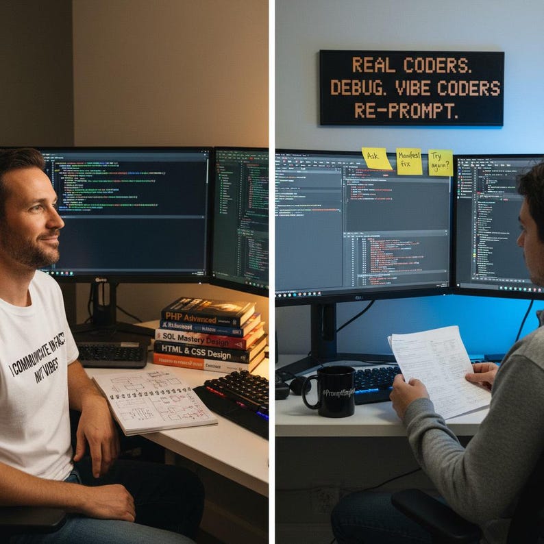 Peut inclure: Une vue en &eacute;cran divis&eacute; de deux espaces de travail avec des &eacute;crans d'ordinateur affichant du code. Un c&ocirc;t&eacute; montre une pile de livres de programmation et un carnet. L'autre c&ocirc;t&eacute; pr&eacute;sente une tasse noire et une enseigne murale REAL CODERS. DEBUG. VIBE CODERS RE-PROMPT.