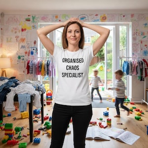 May include: A white short-sleeved t-shirt featuring the black text "ORGANISED CHAOS SPECIALIST" printed on the front. The shirt is worn with plain black trousers, creating a simple and functional outfit for daily activities.