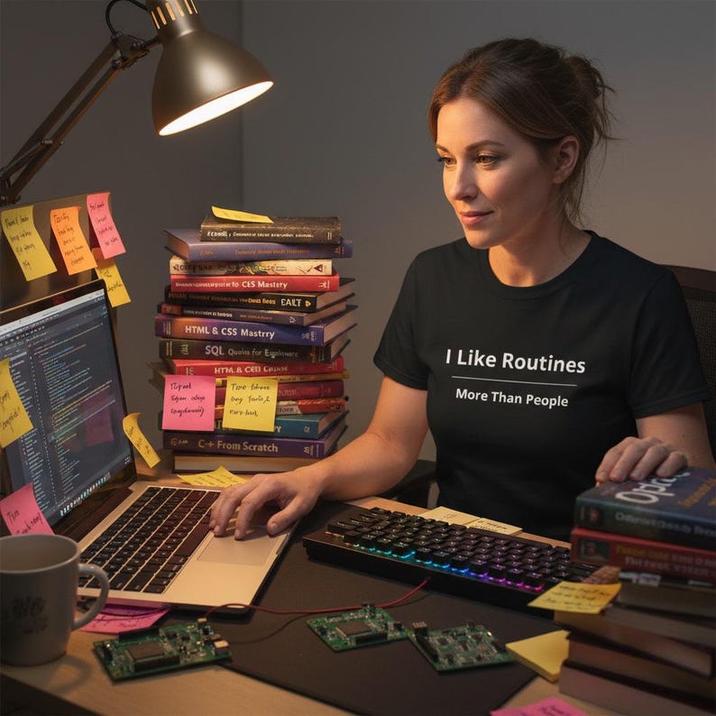 K&ouml;nnte beinhalten: Ein schwarzes Kurzarm-T-Shirt mit dem wei&szlig;en Aufdruck "I Like Routines More Than People" auf der Brust. Das Shirt hat einen Rundhalsausschnitt und besteht aus einfarbigem schwarzem Stoff, was f&uuml;r ein schlichtes und klares Design sorgt.