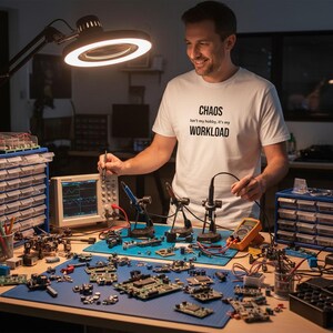 May include: A white short-sleeved t-shirt featuring the black printed text "CHAOS Isn't my hobby, It's my WORKLOAD" on the chest. The shirt is made of a plain fabric and has a standard crew neckline and a straight hemline.