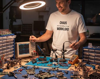 Peut inclure: Un t-shirt blanc à manches courtes avec le texte imprimé en noir "CHAOS Isn't my hobby, It's my WORKLOAD" sur la poitrine. Le vêtement est composé d'un tissu uni, doté d'un col rond classique et d'un ourlet droit.