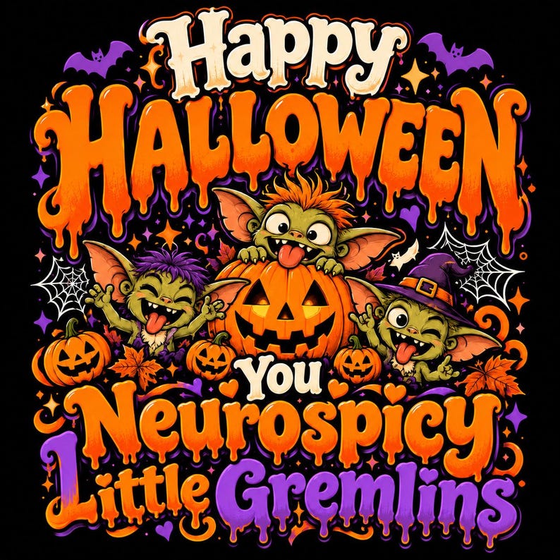 May include: A graphic illustration featuring the text Happy Halloween You Neurospicy Little Gremlins in orange and purple. Three green gremlins with large ears and tongues out are positioned around three orange jack-o'-lanterns with spiderwebs.