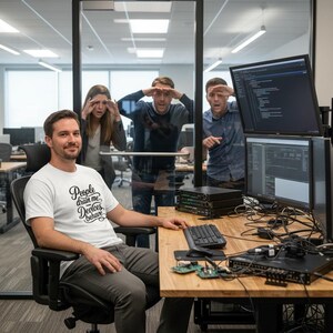 Op de afbeelding: Een wit t-shirt met zwarte tekst People drain me Devices behave, gedragen door een persoon aan een houten bureau met computermonitoren die code weergeven, een toetsenbord, een muis en netwerkapparatuur in een kantooromgeving.