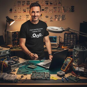 May include: A black short-sleeved t-shirt featuring white text that reads I Don't Void Warranties I Liberate Them above a graphic of three interconnected gears with circuit board lines. The shirt is made of cotton and has a standard crew neckline.