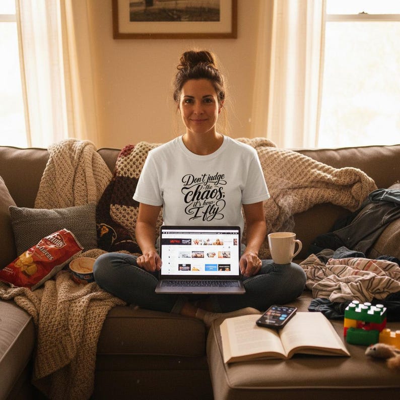 May include: A white short-sleeved t-shirt featuring the black printed text Don't judge the chaos, it's how I fly. The shirt has a crew neckline and is made of a plain fabric. The design is centred on the chest in a decorative script font.