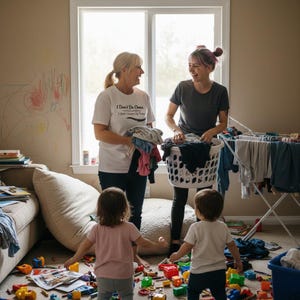 Puede incluir: Una camiseta blanca con el texto negro I Don't Do Chaos I Just Clean Up After It, usada por una persona que sostiene ropa doblada. Una segunda persona con una camiseta gris oscuro sostiene una cesta de ropa blanca llena de prendas.
