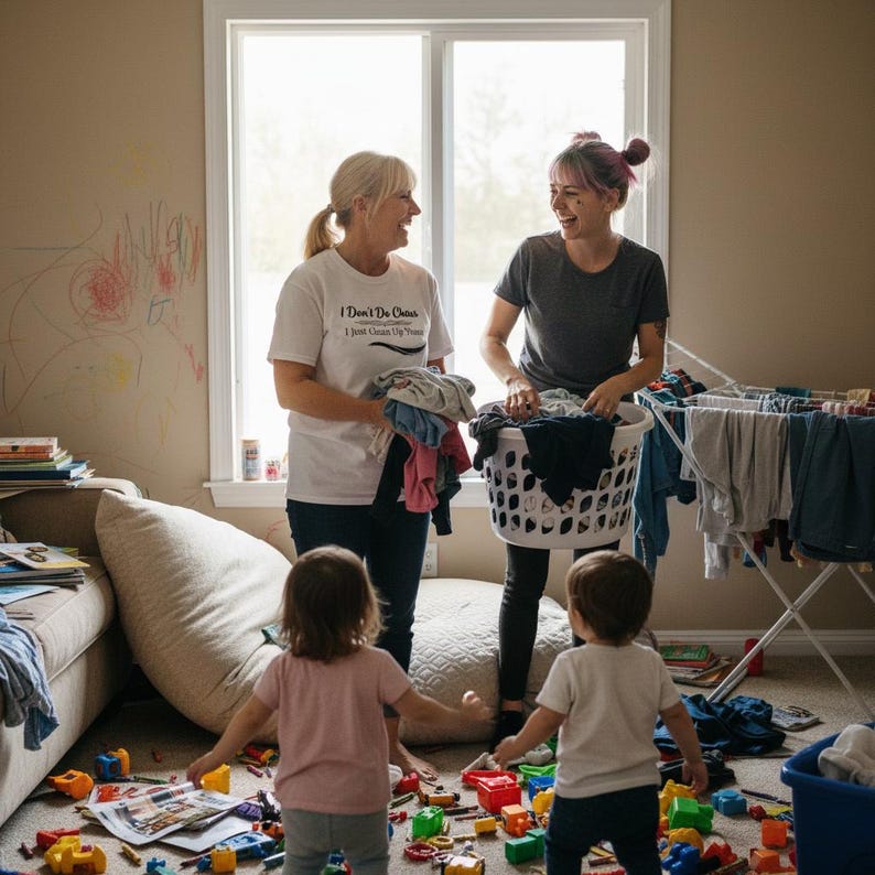 Puede incluir: Una camiseta blanca con el texto negro I Don't Do Chaos I Just Clean Up After It, usada por una persona que sostiene ropa doblada. Una segunda persona con una camiseta gris oscuro sostiene una cesta de ropa blanca llena de prendas.