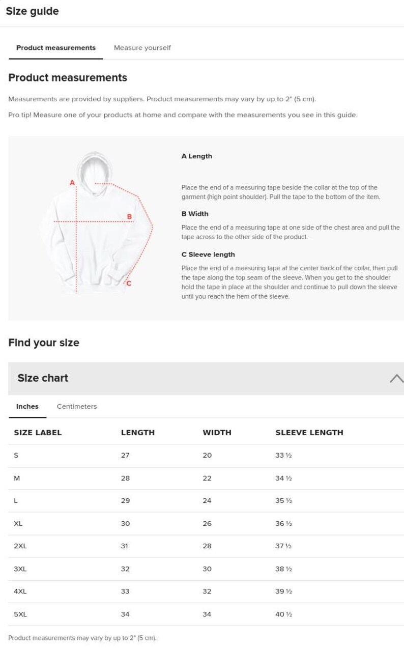 May include: A size guide for a hoodie featuring a white line drawing of the garment with red dashed lines indicating measurement points for length, width, and sleeve length. A table lists sizes from S to 5XL with corresponding measurements in inches.