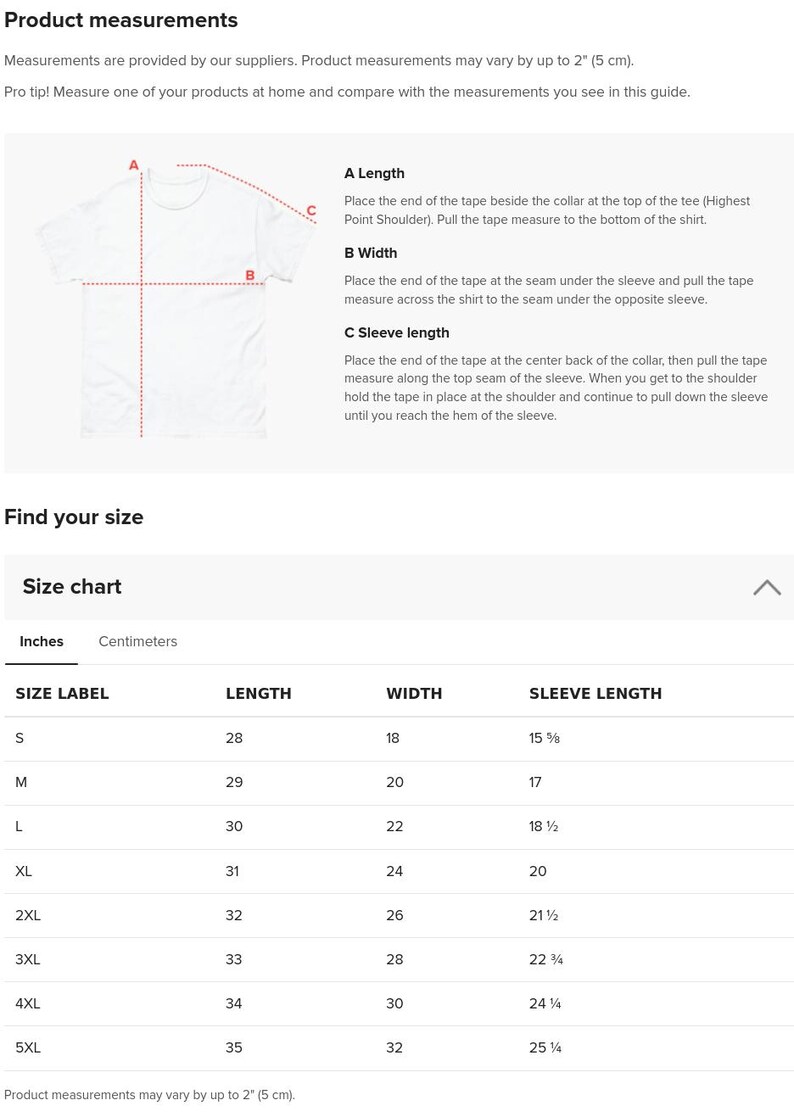 May include: A white t-shirt size chart displaying product measurements for sizes S through 5XL. The chart includes columns for length, width, and sleeve length in inches, with a diagram illustrating how to measure the garment at the collar, seam, and sleeve.