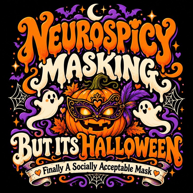 Pu&ograve; includere: Un design grafico con il testo "Neurospicy Masking But Its Halloween" e "Finally A Socially Acceptable Mask". L'illustrazione include una zucca centrale che indossa una maschera viola ornata, due fantasmi bianchi, pipistrelli e ragnatele.