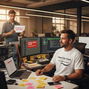 Op de afbeelding: Een wit t-shirt met de zwarte tekst 'I Don't Do Chaos I Just Clean Up Yours' op de voorzijde. Het shirt heeft korte mouwen en een ronde hals en wordt gedragen door een persoon die aan een bureau met meerdere computermonitoren zit.