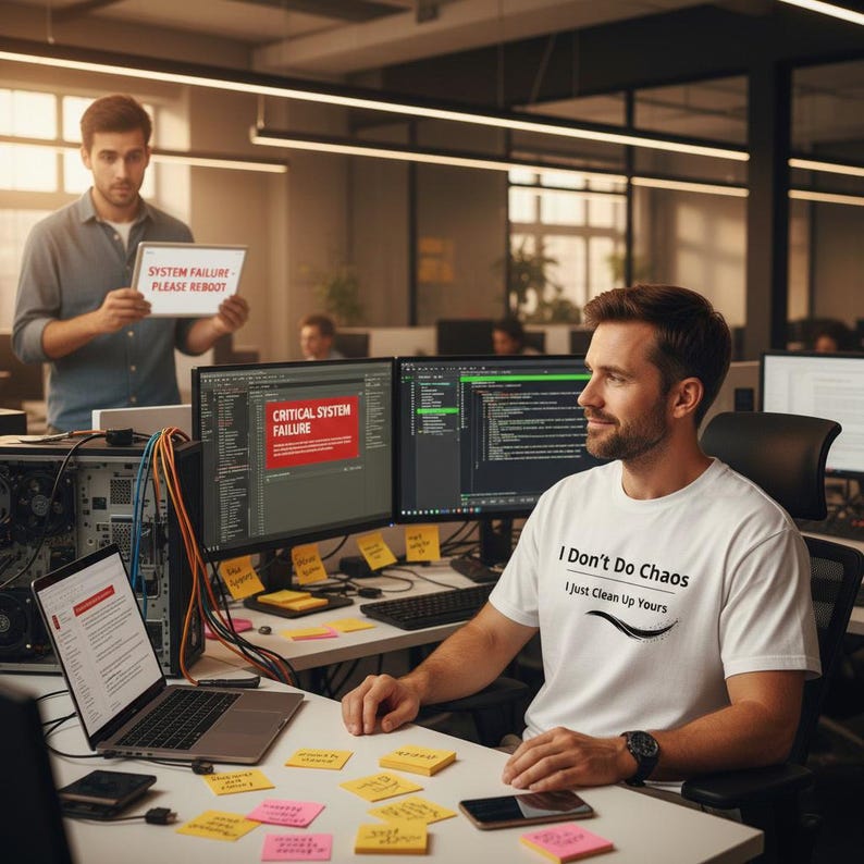 Op de afbeelding: Een wit t-shirt met de zwarte tekst 'I Don't Do Chaos I Just Clean Up Yours' op de voorzijde. Het shirt heeft korte mouwen en een ronde hals en wordt gedragen door een persoon die aan een bureau met meerdere computermonitoren zit.