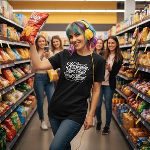 K&ouml;nnte beinhalten: Ein schwarzes T-Shirt mit wei&szlig;em Text "Neurospicy. Loud, Proud, Wired Different" in Schreibschrift. Das T-Shirt wird mit einer blauen Jeans und einem gelben kabelgebundenen Kopfh&ouml;rer getragen, w&auml;hrend eine rote Chipst&uuml;te gehalten wird.