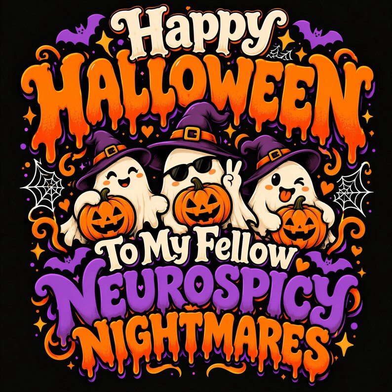 May include: A graphic design featuring three white ghosts wearing purple witch hats, each holding an orange jack-o'-lantern. The text reads Happy Halloween To My Fellow Neurospicy Nightmares, surrounded by purple bats, spiderwebs, and orange stars.