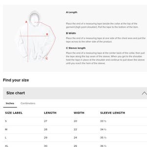 May include: A size guide for a white hoodie featuring a diagram with red dashed lines labeled A for length, B for width, and C for sleeve length. Below is a table listing sizes S through 5XL with corresponding measurements in inches.