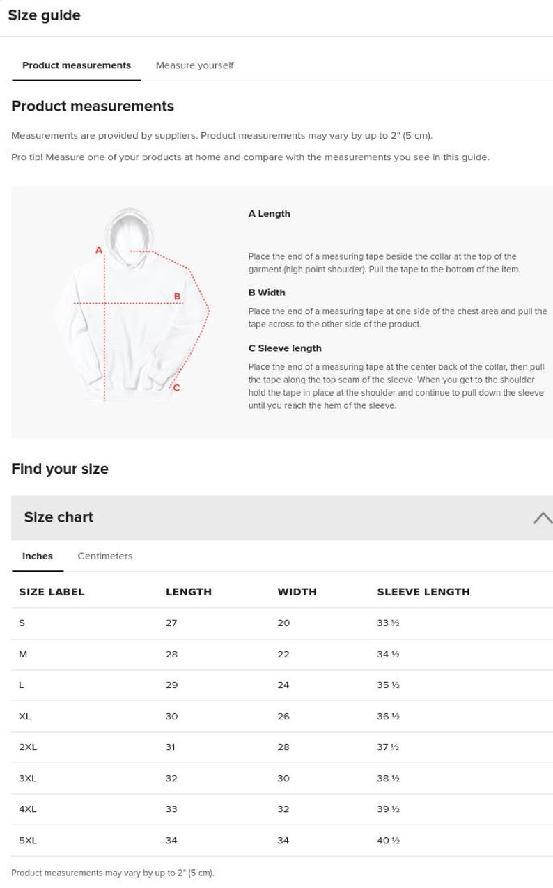 May include: A size guide for a white hoodie featuring a diagram with red dashed lines labeled A for length, B for width, and C for sleeve length. Below is a table listing sizes S through 5XL with corresponding measurements in inches.
