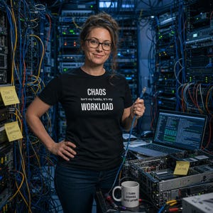 Op de afbeelding: Een zwart t-shirt met de witte tekst 'CHAOS Isn't my hobby, It's my WORKLOAD' op de borst. Het t-shirt wordt gedragen met een donkerblauwe spijkerbroek. Een witte keramische mok met de tekst 'I TURN COFFEE INTO UPTIME' staat op een server.