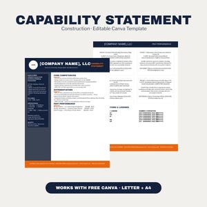 May include: A digital capability statement template for construction businesses, featuring a dark blue and orange color scheme. The document includes sections for company name, core competencies, differentiators, past performance, and NAICS codes.