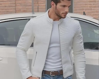 Leather Jacket Handmade Crocodile Embossed Slim Fit Biker Coat White Coat Outerwear for Men