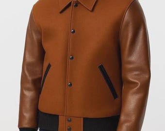 Brown Wool Leather Varsity Jacket Men | Classic Letterman Bomber Streetwear