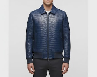 Men's Blue Crocodile Embossed Genuine Cowhide Leather Bomber Jacket