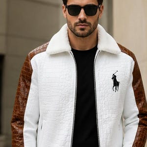 Men’s White Crocodile Embossed Leather Jacket, Genuine Leather Coat, Custom Logo Jacket, Handmade Designer Outerwear, Luxury Gift for Him