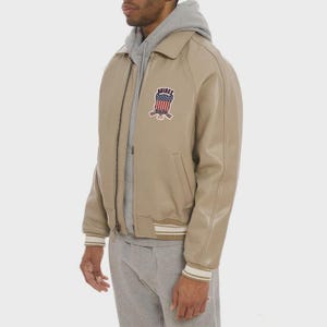 AVIREX Beige Leather Bomber Jacket: Vintage Flight Aviator Streetwear Coat image 2