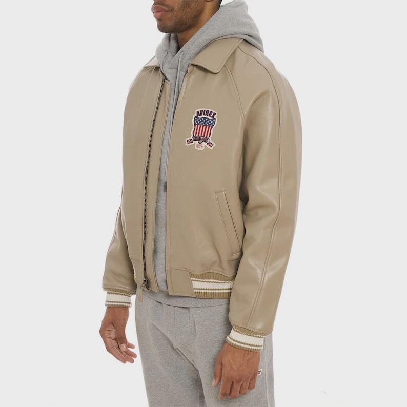 AVIREX Beige Leather Bomber Jacket: Vintage Flight Aviator Streetwear Coat image 2