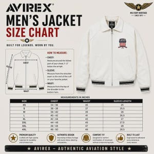 May include: An off-white jacket with a collar, front zip, and ribbed cuffs, featuring an American flag shield patch on the chest. The image includes a size chart with measurements in inches, a diagram for measuring, and the text AVIREX.