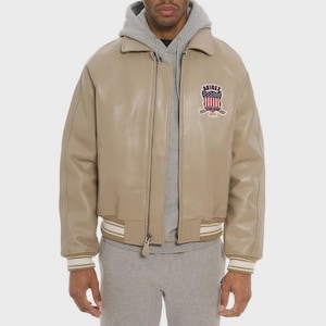 AVIREX Beige Leather Bomber Jacket: Vintage Flight Aviator Streetwear Coat image 1